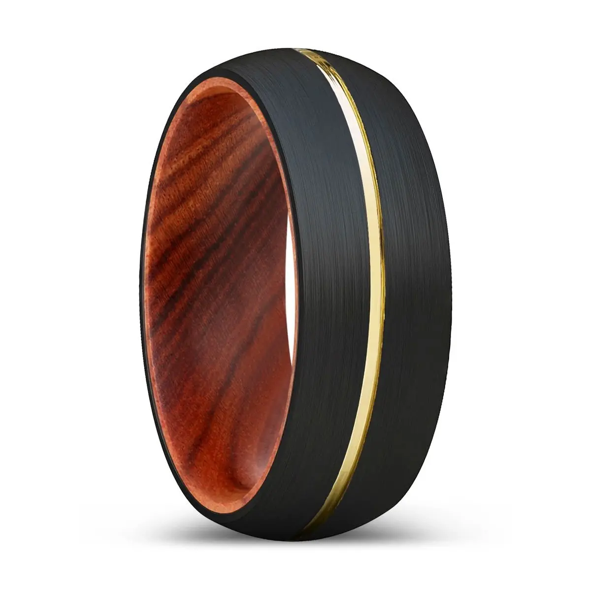 Boulem | Iron Wood, Black Tungsten Ring, Gold Groove, Domed 1