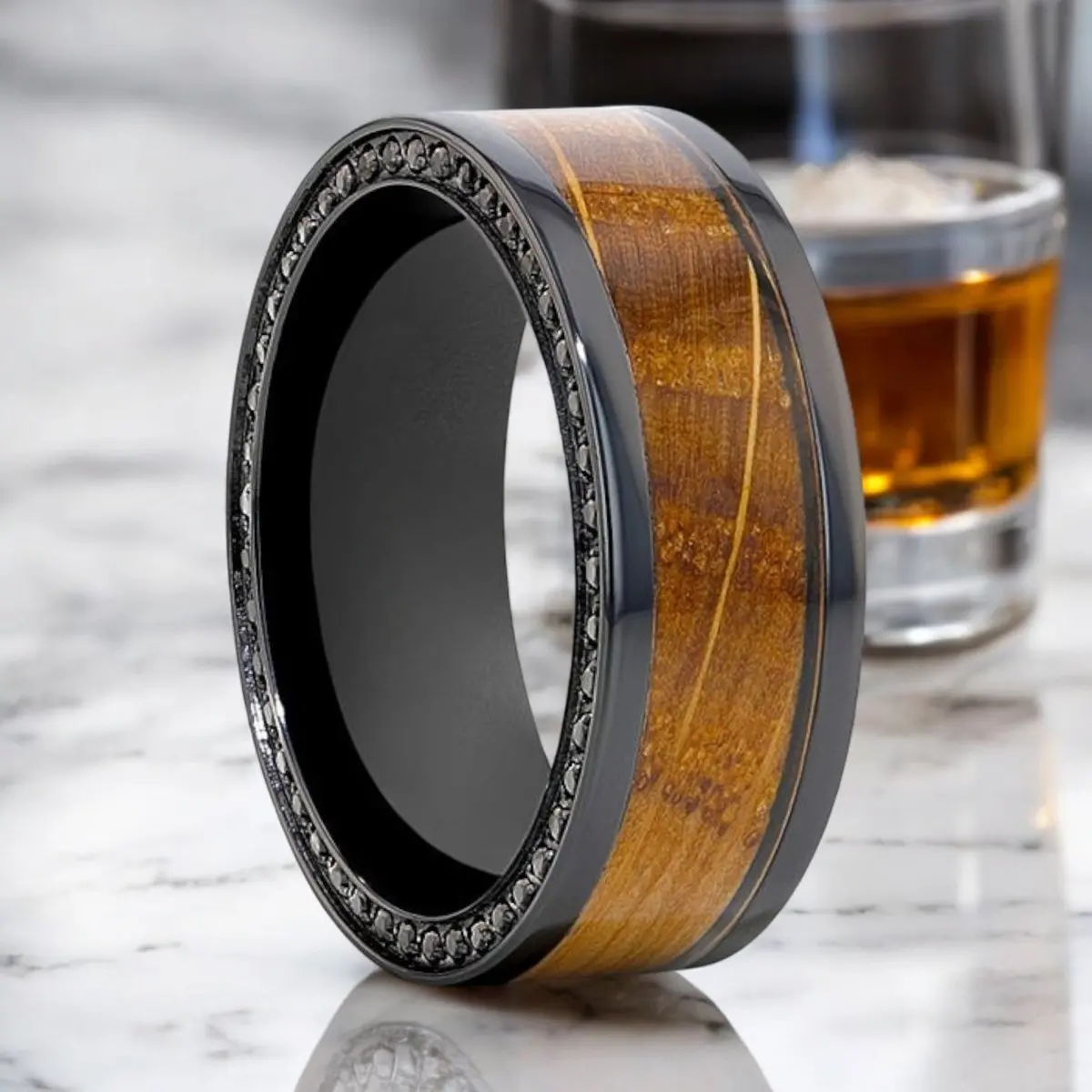 Bourbon | Black Zirconium Ring, Whiskey Barrel Wood Inlay, Black Sapphires, Flat 1