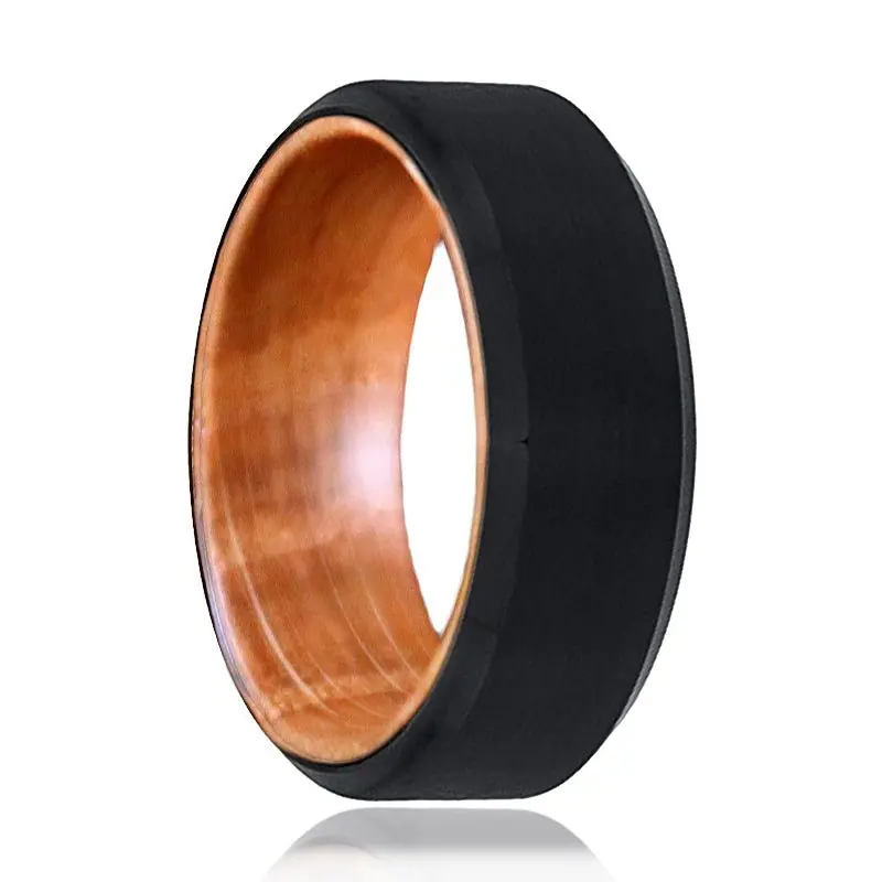 Bowman | Whiskey Barrel Wood, Black Tungsten Ring, Brushed, Beveled 1