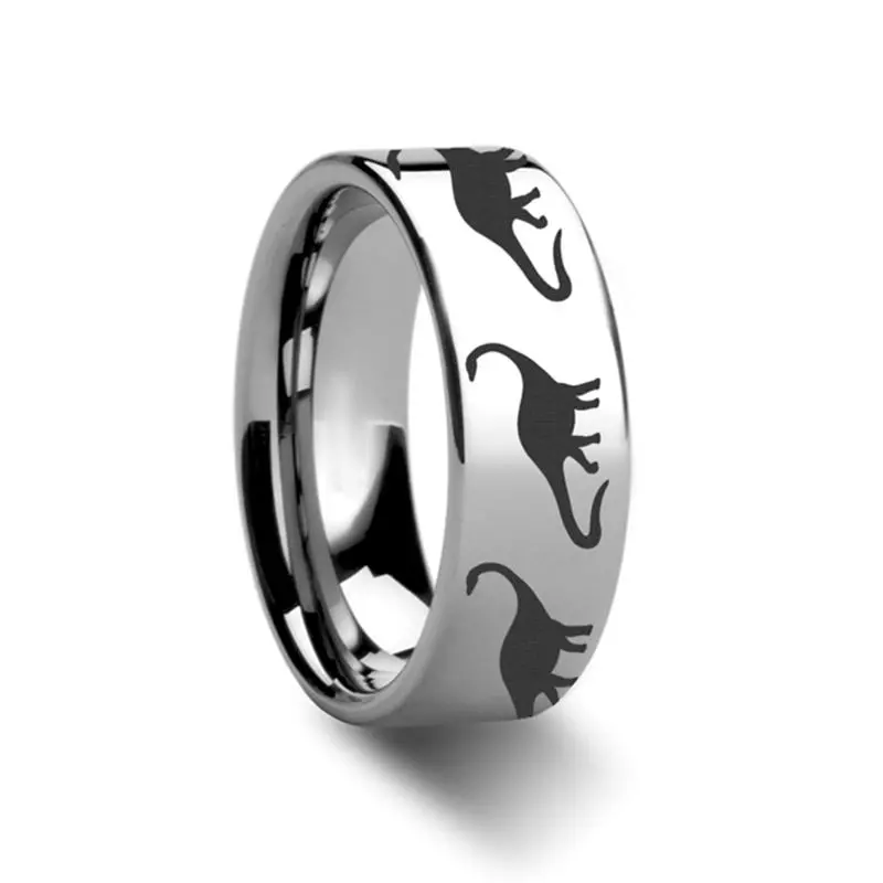 Brachiosaurus Dinosaur Print Engraved Flat Tungsten Carbide Couple Matching Ring - 4Mm - 12Mm 1