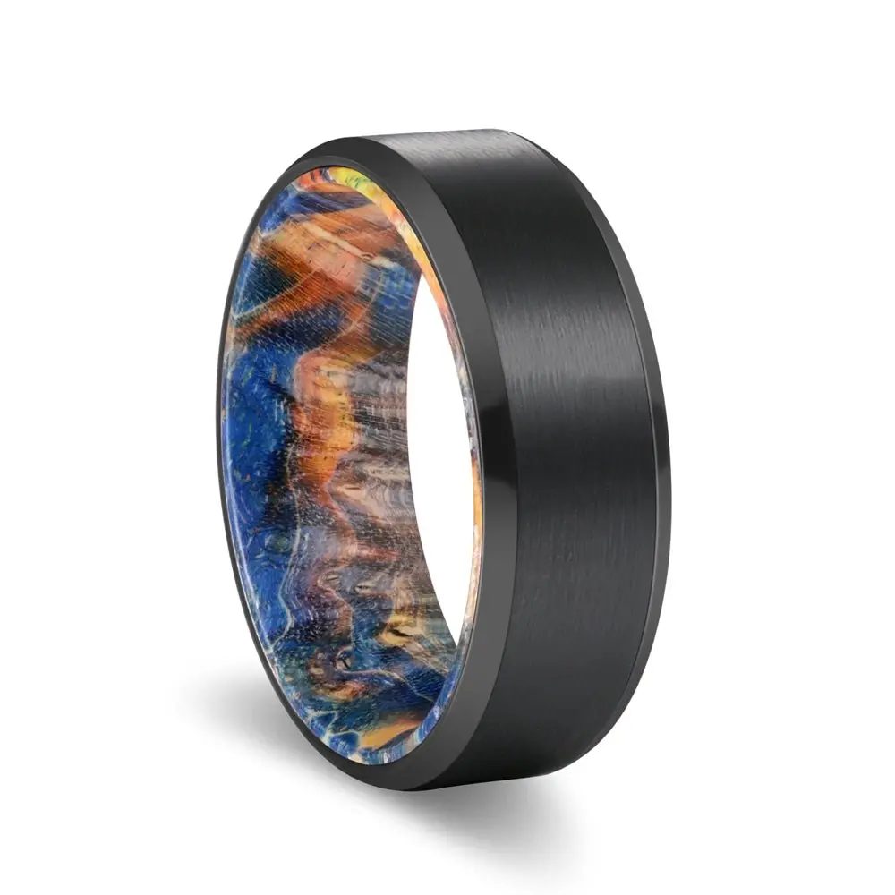 Bradley | Blue & Yellow/Orange Wood, Black Tungsten Ring, Brushed, Beveled 1