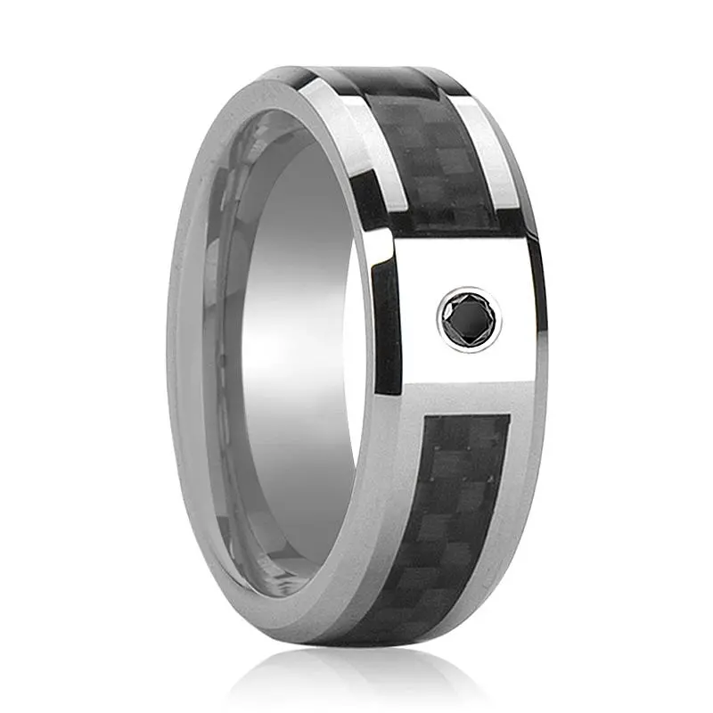 Brahma | Silver Tungsten Ring, Black Carbon Fiber, Black Diamond, Beveled 1