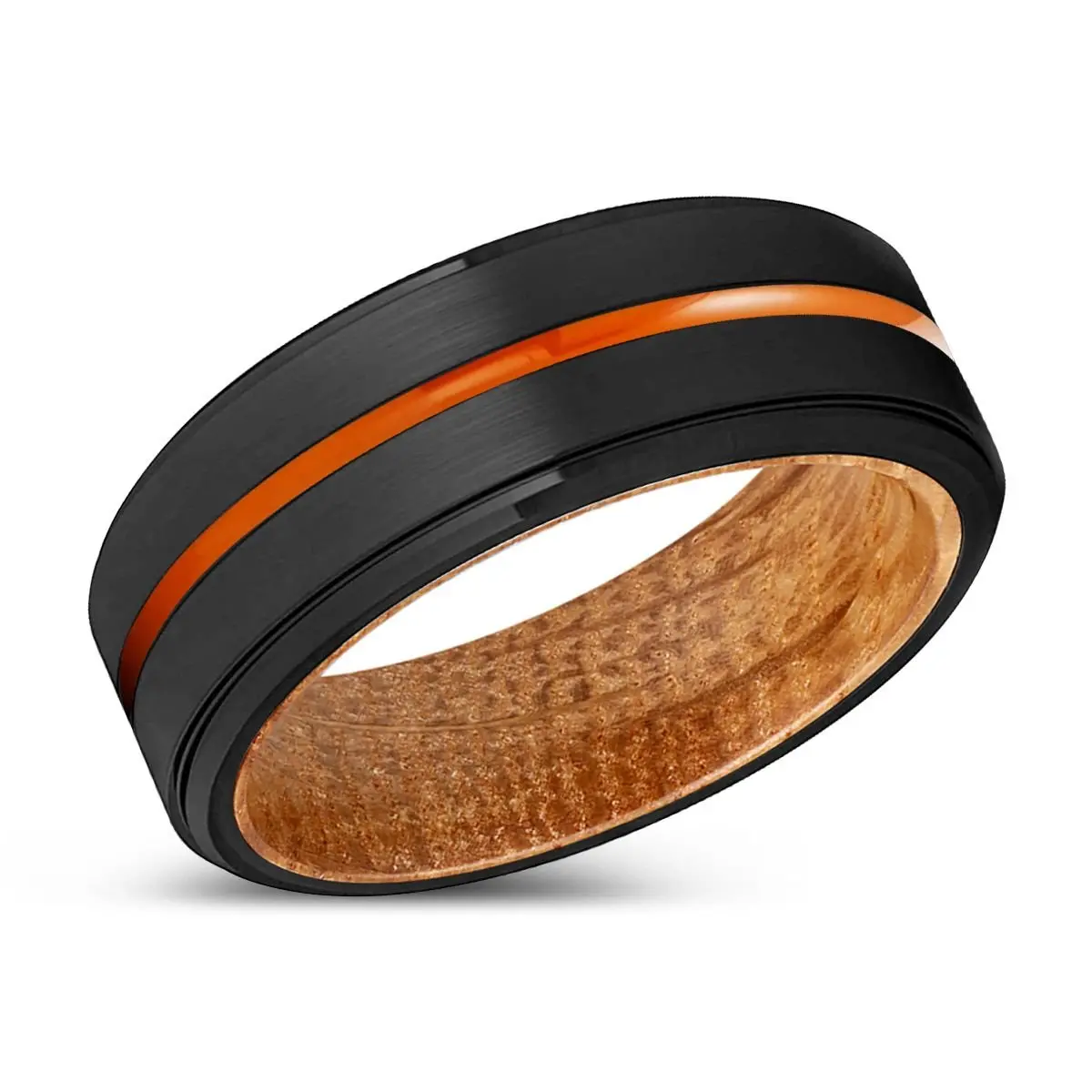 Brampton | Whiskey Barrel Wood, Black Tungsten Ring, Orange Groove, Stepped Edge 2
