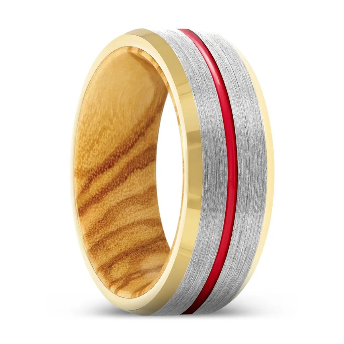 Brash | Olive Wood, Silver Tungsten Ring, Red Groove, Gold Beveled Edge 1