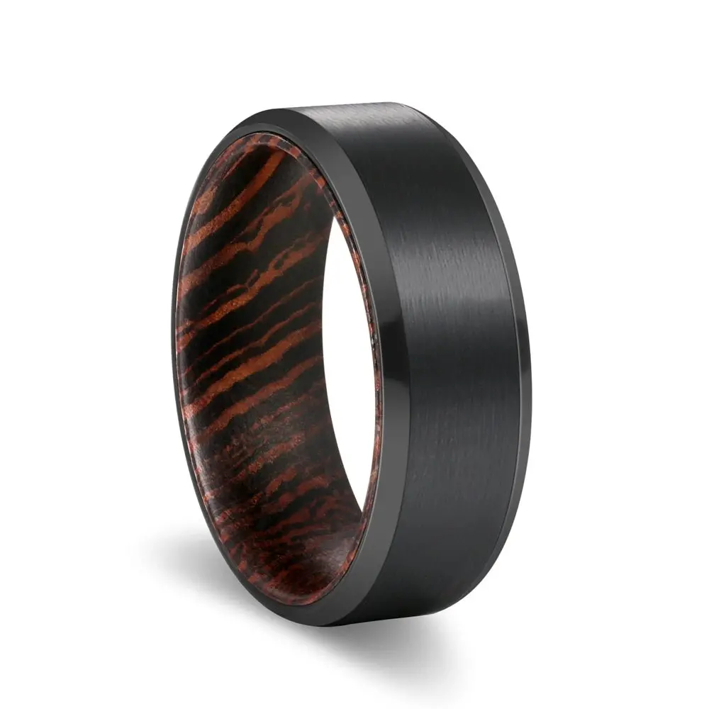 Bravely | Wenge Wood, Black Tungsten Ring, Brushed, Beveled 1