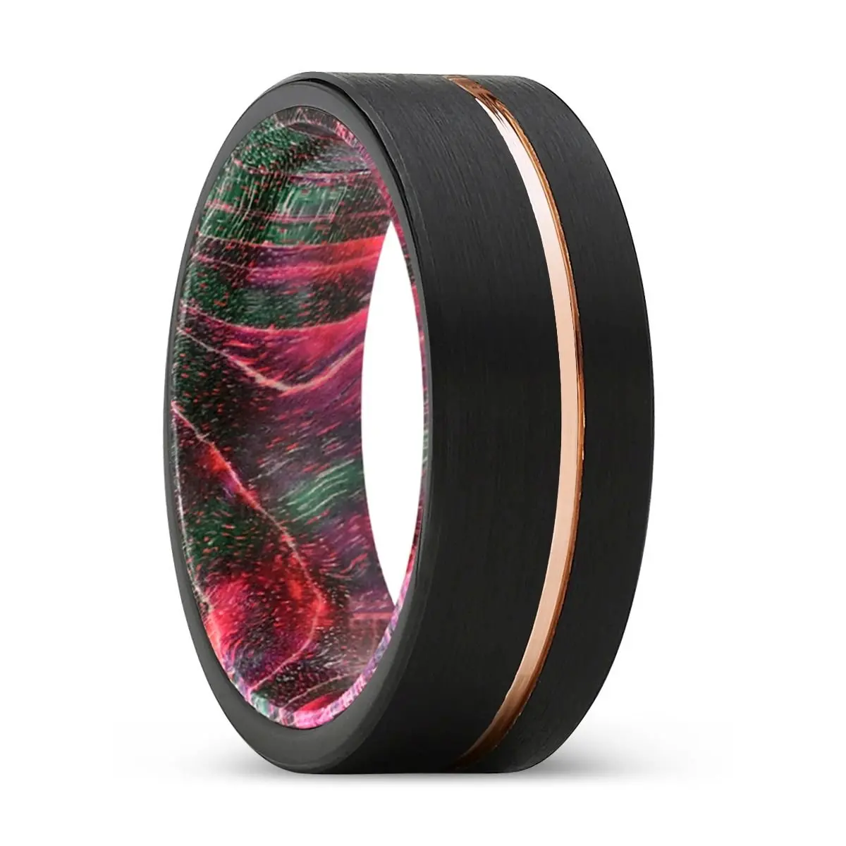 Brawn | Green & Red Wood, Black Tungsten Ring, Rose Gold Offset Groove, Brushed, Flat 1
