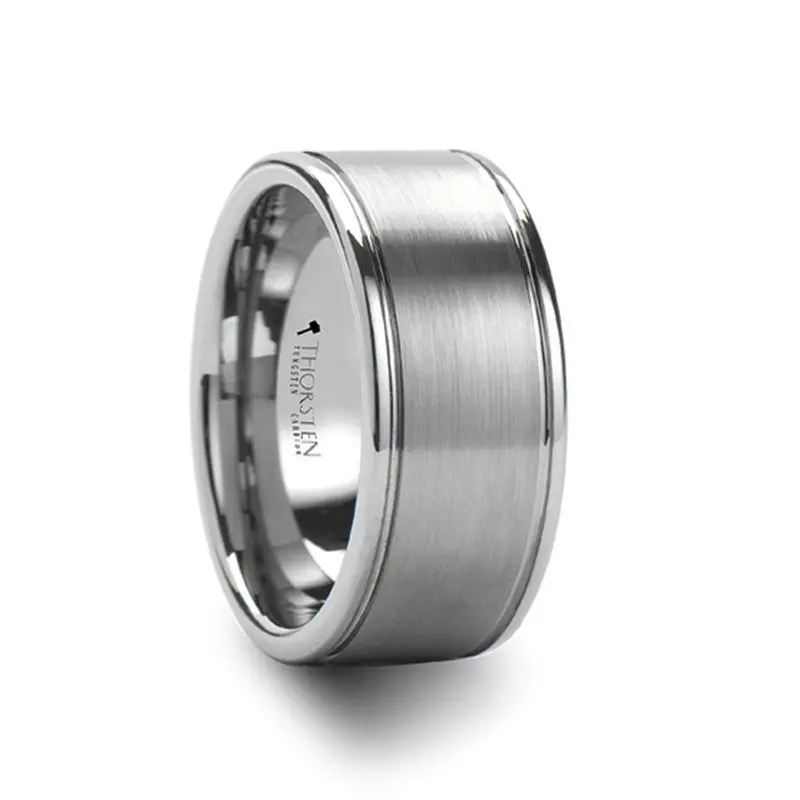 Bridgeport | Silver Tungsten Ring, 2 Grooves Satin Finish, Flat 1