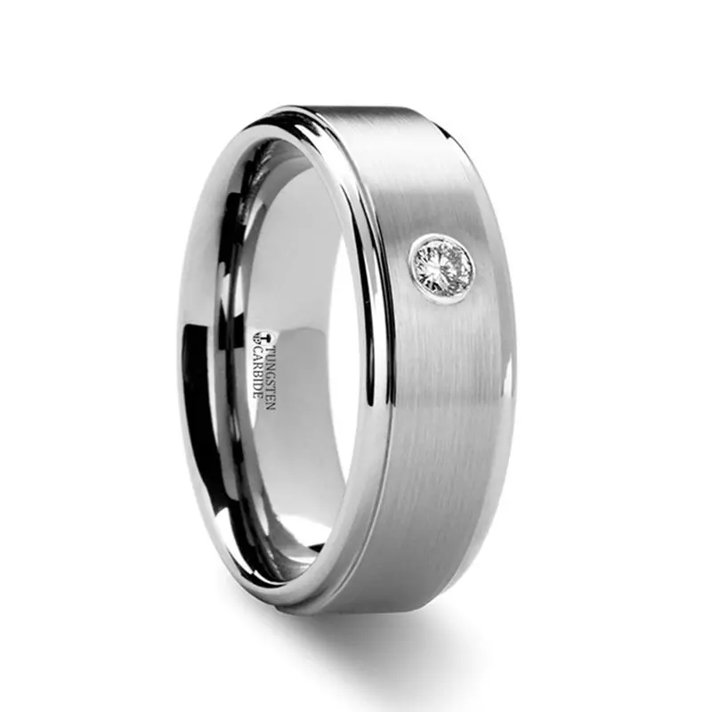 Brighton | Silver Tungsten Ring, Diamond, Stepped Edges 1