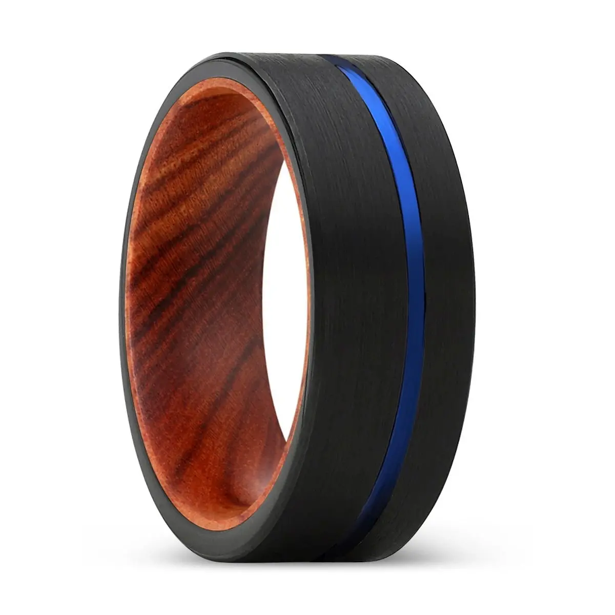 Bronco | Iron Wood, Black Tungsten Ring, Blue Offset Groove, Flat 1