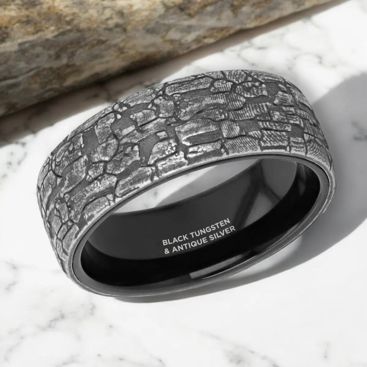 Brookstone | Black Tungsten Ring With Sterling Silver Stonework Pattern 3