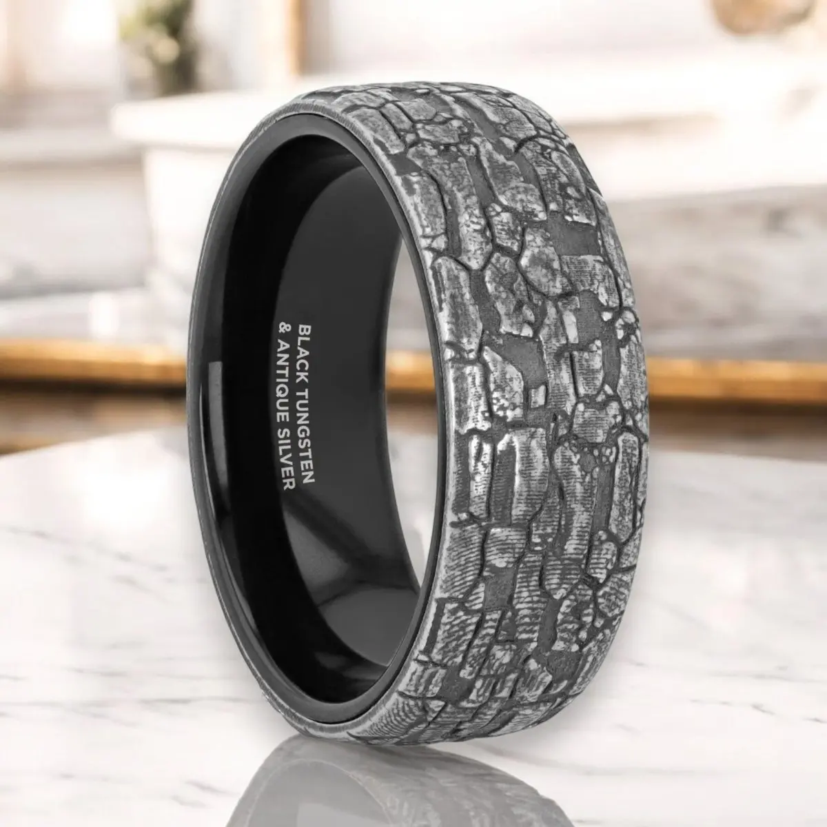 Brookstone | Black Tungsten Ring With Sterling Silver Stonework Pattern 1