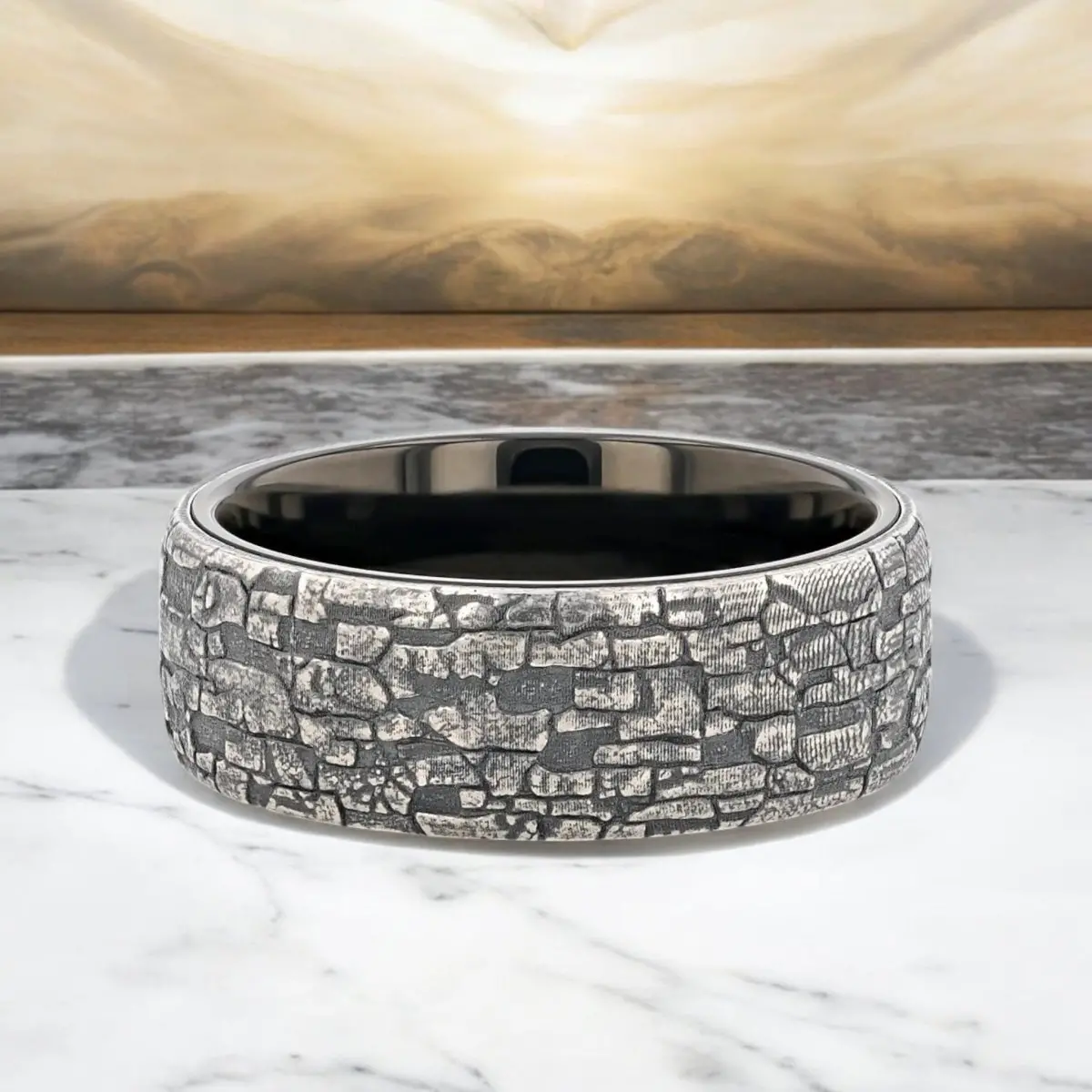 Brookstone | Black Tungsten Ring With Sterling Silver Stonework Pattern 5