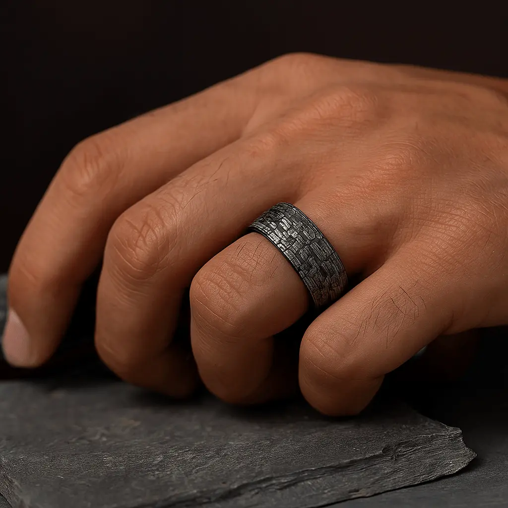 Brookstone | Black Tungsten Ring With Sterling Silver Stonework Pattern 2