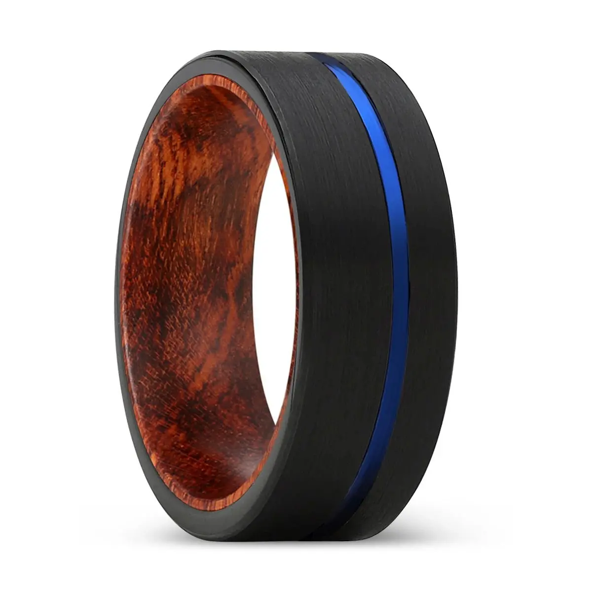 Bruschi | Snake Wood, Black Tungsten Ring, Blue Offset Groove, Flat 1