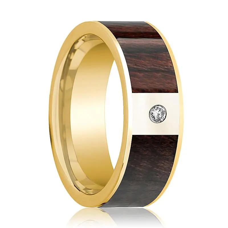 Bubinga Wood Inlaid Men's 14K Yellow Gold Wedding Band With White Diamond In Center - 8Mm 1