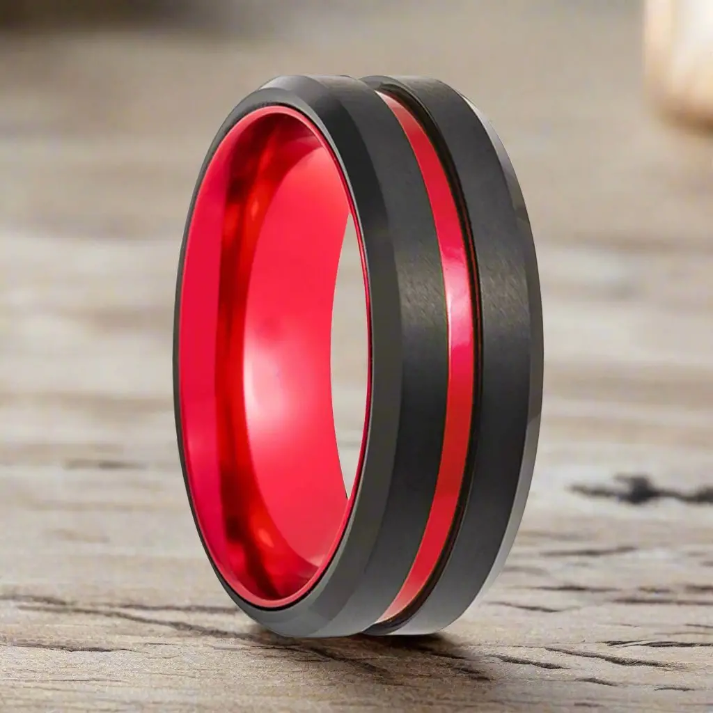 Bugatti | Red Ring, Black Tungsten, Red Groove, Beveled Edges 1