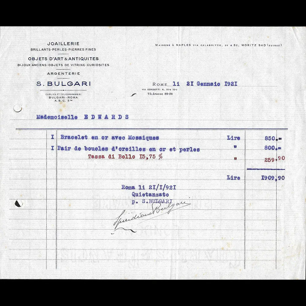 Bulgari - Facture De La Maison De Joaillerie, Via Condotti, Roma (1921) 1