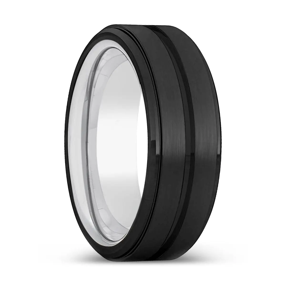 Bulletproof | Silver Ring, Black Tungsten Ring, Grooved, Stepped Edge 1