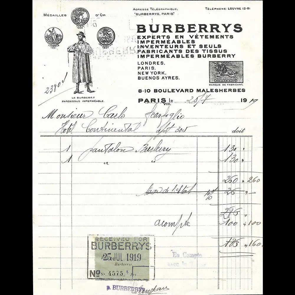 Burberrys - Facture De La Maison Spécialiste En Imperméables, 8-10 Boulevard Malesherbes À Paris (1919) 1