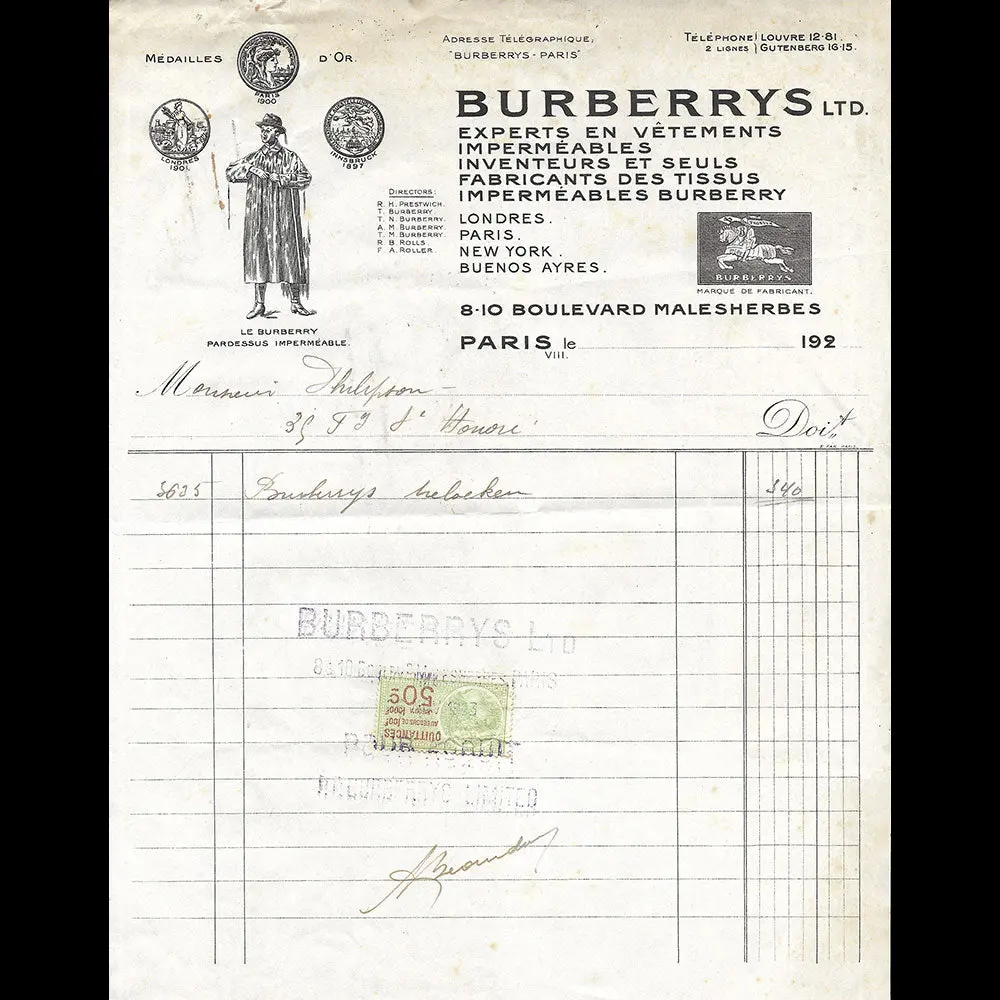 Burberrys - Facture De La Maison Spécialiste En Imperméables, 8-10 Boulevard Malesherbes À Paris (1920S) 1