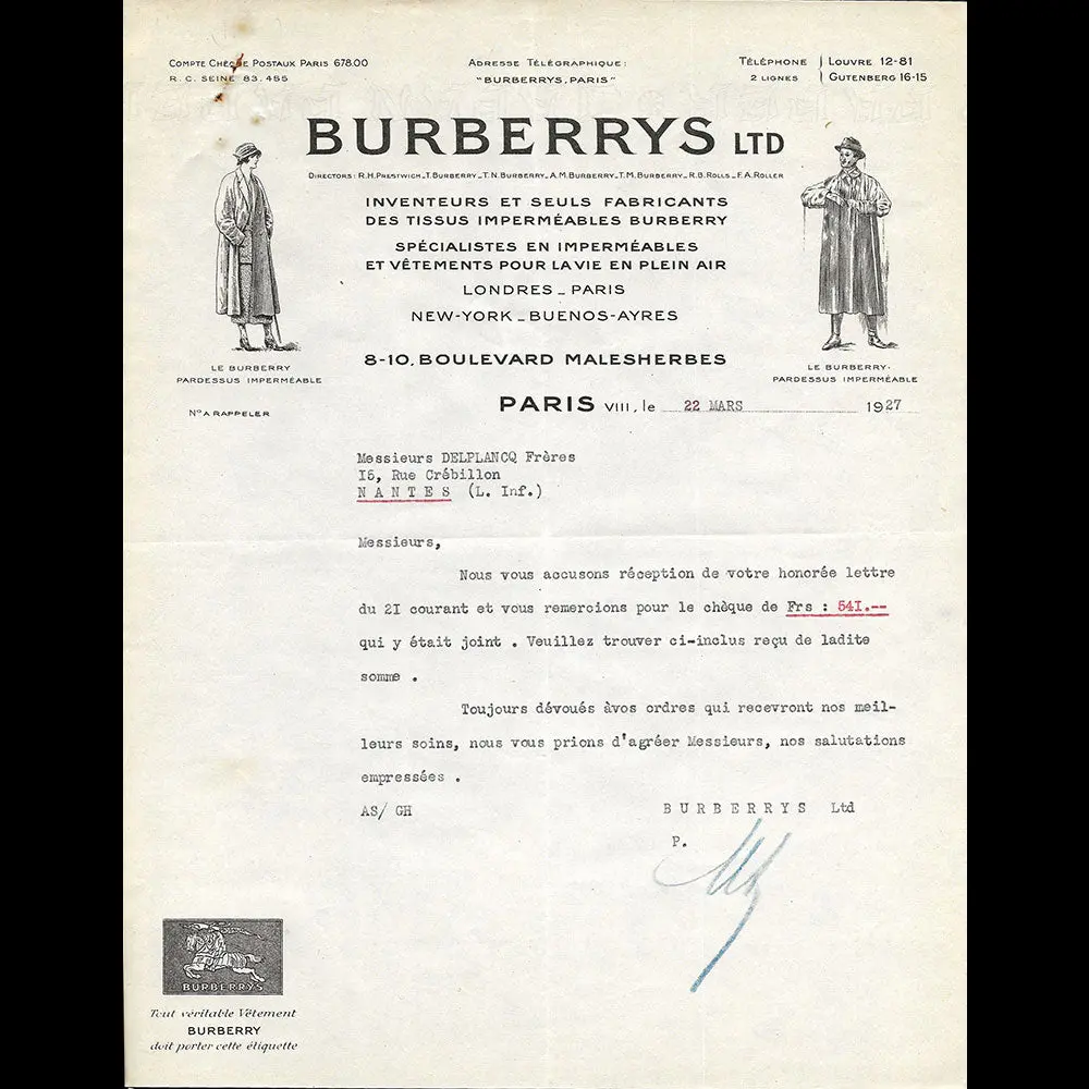 Burberrys - Reçu De La Maison Spécialiste En Imperméables, 8-10 Boulevard Malesherbes À Paris (1927) 1