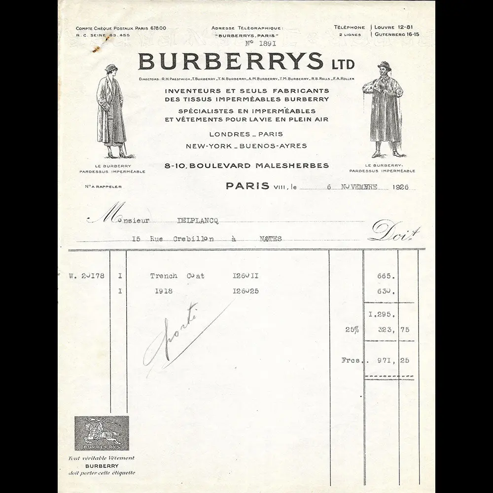 Burberrys - Facture De La Maison Spécialiste En Imperméables, 8-10 Boulevard Malesherbes À Paris (1926) 1