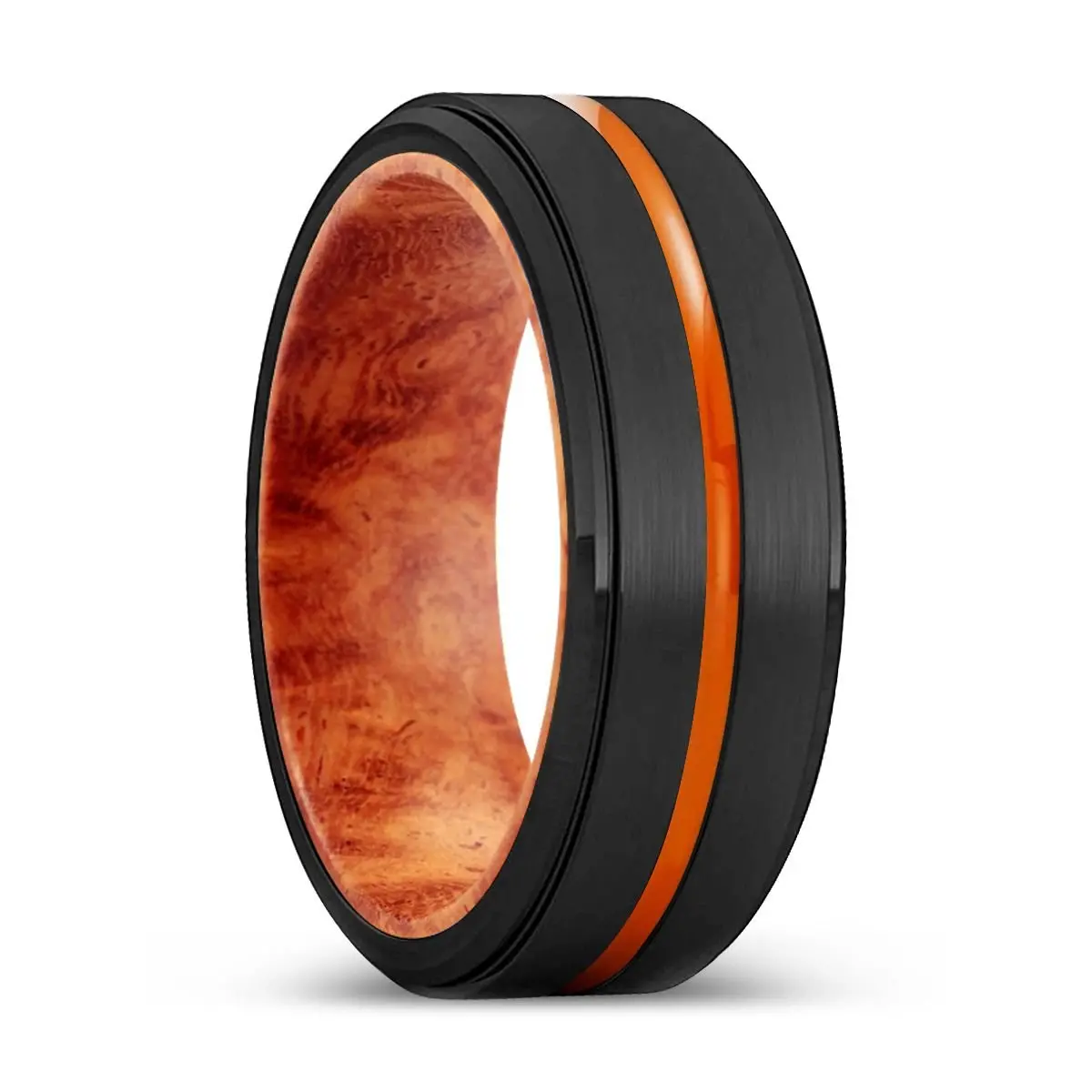 Burnaby | Red Burl Wood, Black Tungsten Ring, Orange Groove, Stepped Edge 1