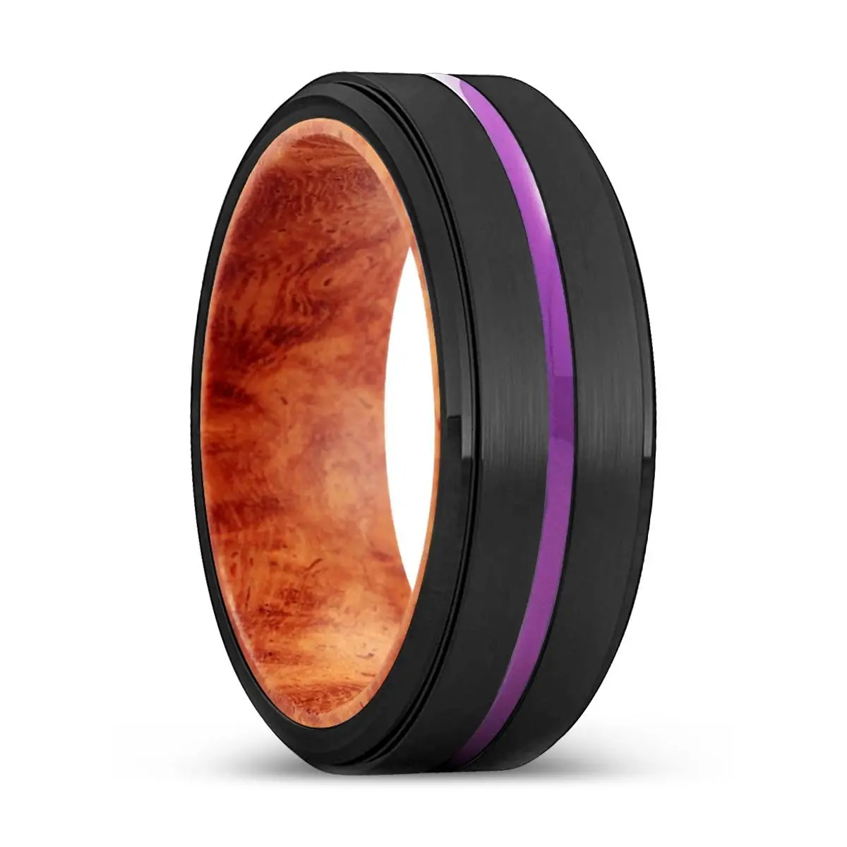 Burnie | Red Burl Wood, Black Tungsten Ring, Purple Groove, Stepped Edge 1