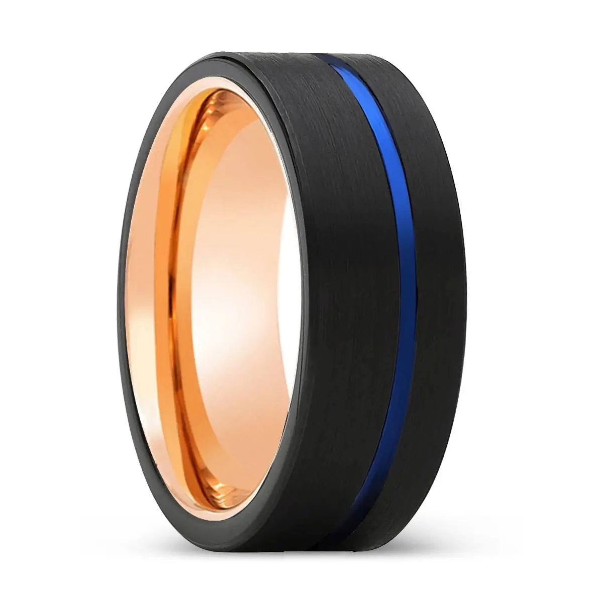 Burnout | Rose Gold Ring, Black Tungsten Ring, Blue Offset Groove, Flat 1