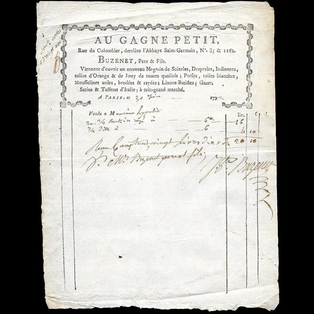 Facture Du Magasin De Tissus Au Gagne Petit De Buzenet À Paris (1792) 1