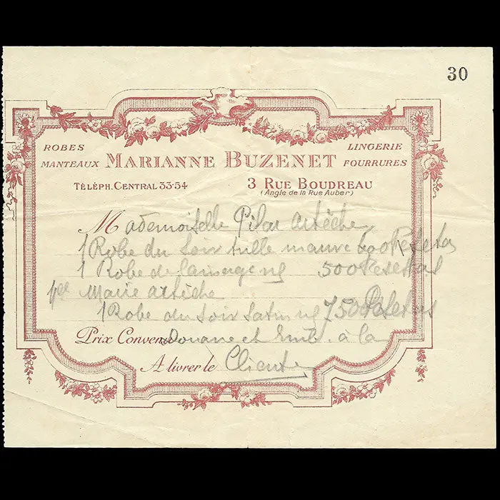 Buzenet - Facture De La Maison De Couture 3 Rue Boudreau À Paris (Circa 1900S-1910S) 1