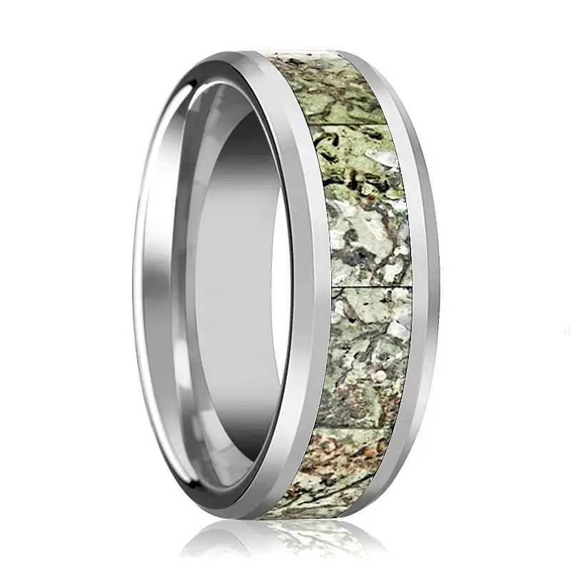 Targaryen | Silver Tungsten Ring, Light Green Dinosaur Bone Inlay, Beveled 1