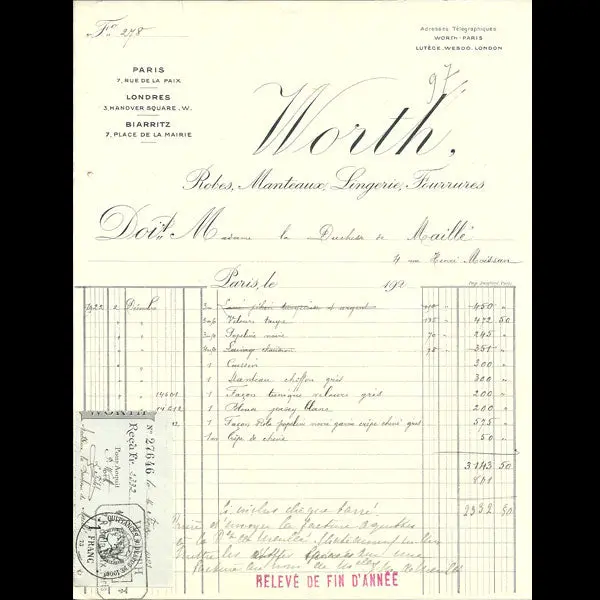 Facture De La Maison Worth, 7 Rue De La Paix, Paris (1922) 1