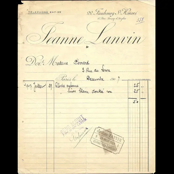 Facture De La Maison Jeanne Lanvin, 22 Faubourg Saint-Honoré (1907) 1