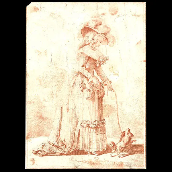 Elégante Promenant Son Chien, Gravure De Mode De La Suite Etude Pour Les Demoiselles D'après Jean-Baptiste Huet (1783) 1