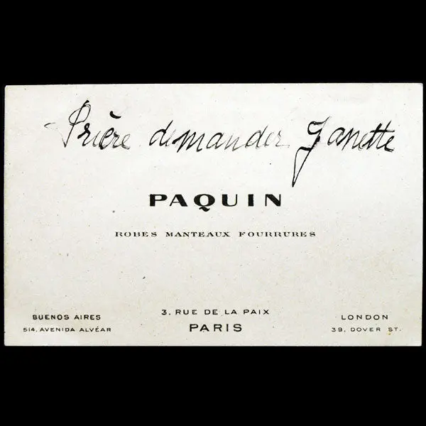Carte De La Maison Paquin, 3 Rue De La Paix À Paris (Circa 1920) 1
