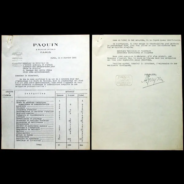 Déclaration Des Effectifs De La Maison Paquin, 3 Rue De La Paix (1951) 1