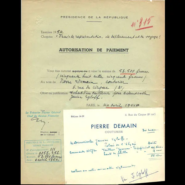 Attestation De Paiement De La Présidence De La République Adressée Au Couturier Pierre Demain (1954) 1