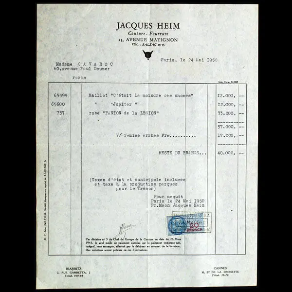 Jacques Heim - Facture De La Maison De Couture Fourrure (1950) 1