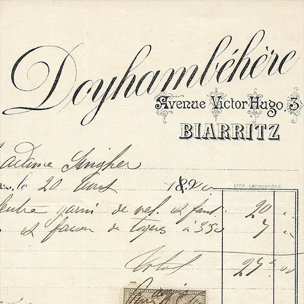 Doyhambehere - Facture De La Maison De Chapeaux, 3 Avenue Victor Hugo À Biarritz (1899) 2