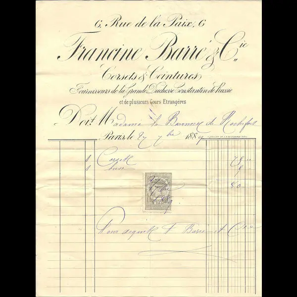 Facture De Francine Barré Et Cie, 6 Rue De La Paix À Paris (1889) 1