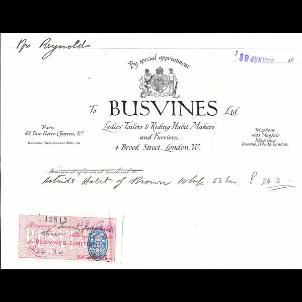 Facture Du Tailleur Busvines, 48 Rue Pierre Charron À Paris (1926) 1