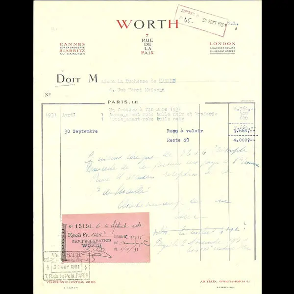 Facture De La Maison Worth, 7 Rue De La Paix, Paris (1931) 1