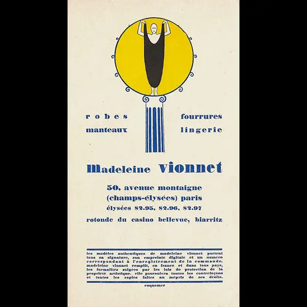 Vionnet - Publicité De La Maison, 50 Avenue Montaigne (Circa 1925) 1