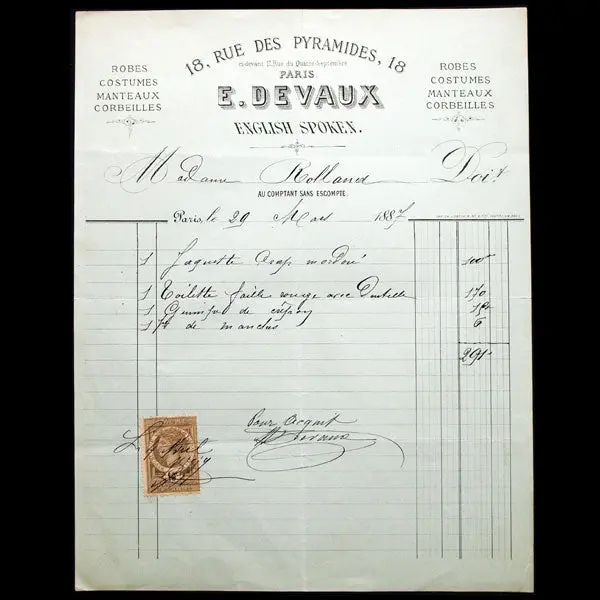 Facture De E. Devaux, Robes, Costumes, Manteaux, Corbeilles, 18 Rue Des Pyramides À Paris (1887) 1