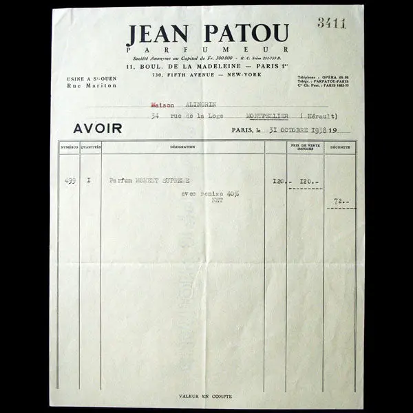 Facture De La Maison Jean Patou Parfumeur (1938) 1