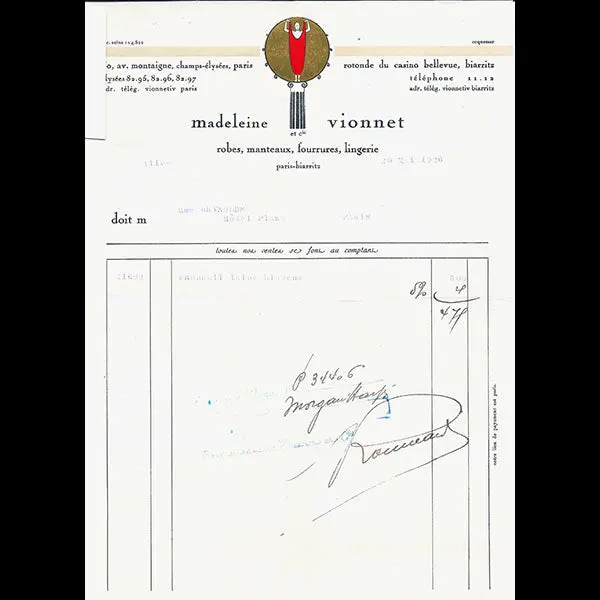 Vionnet - Facture, 50 Avenue Montaigne À Paris (20 Mai 1926) 1