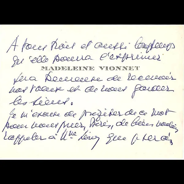 Vionnet - Carte Autographe Signée Par La Couturière (1956) 1