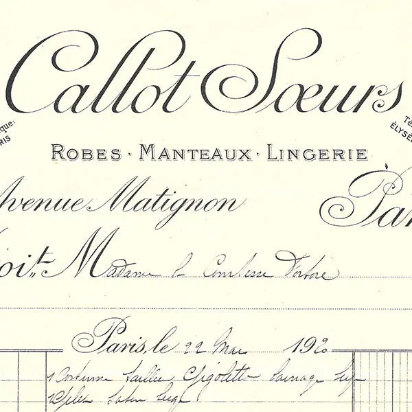 Callot Soeurs - Facture Des Soeurs Callot, 9 Avenue De Matignon À Paris (1920) 2