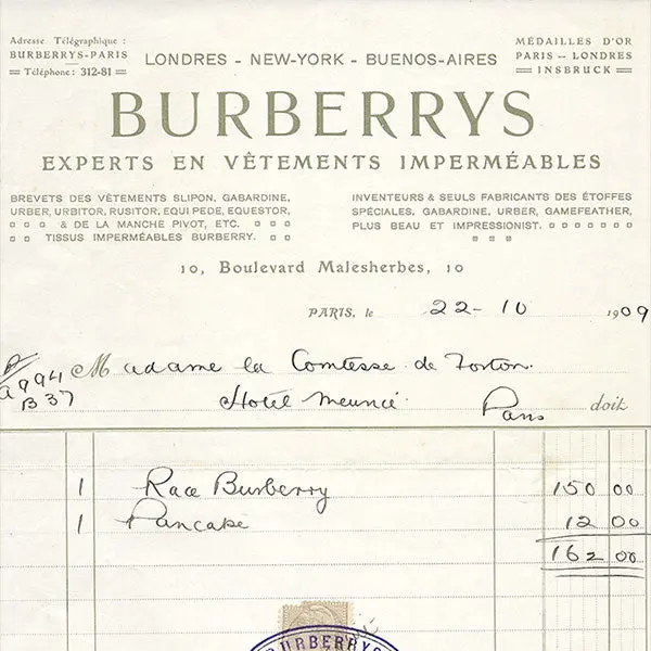 Burberrys - Facture De La Maison Experte En Imperméables, 10 Boulevard Malesherbes À Paris (1909) 2